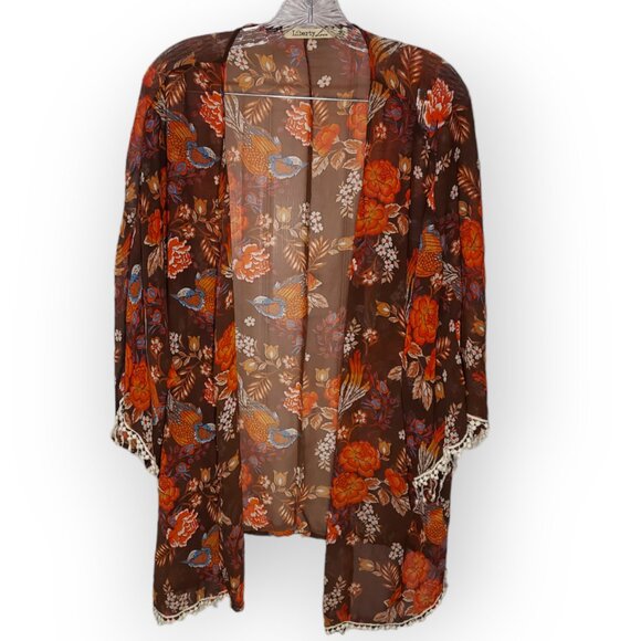 Liberty Love Bird & Floral Boho Open Lightweight Flowy Kimono Size L - Picture 1 of 5